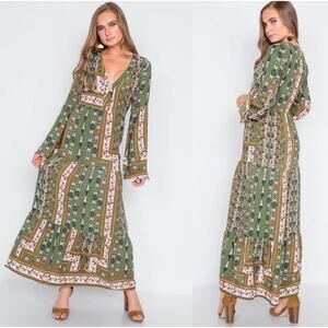 Altar'd State Olive Green Multi Boho Print Long Sleeve V-Neck Tiered Maxi Dress